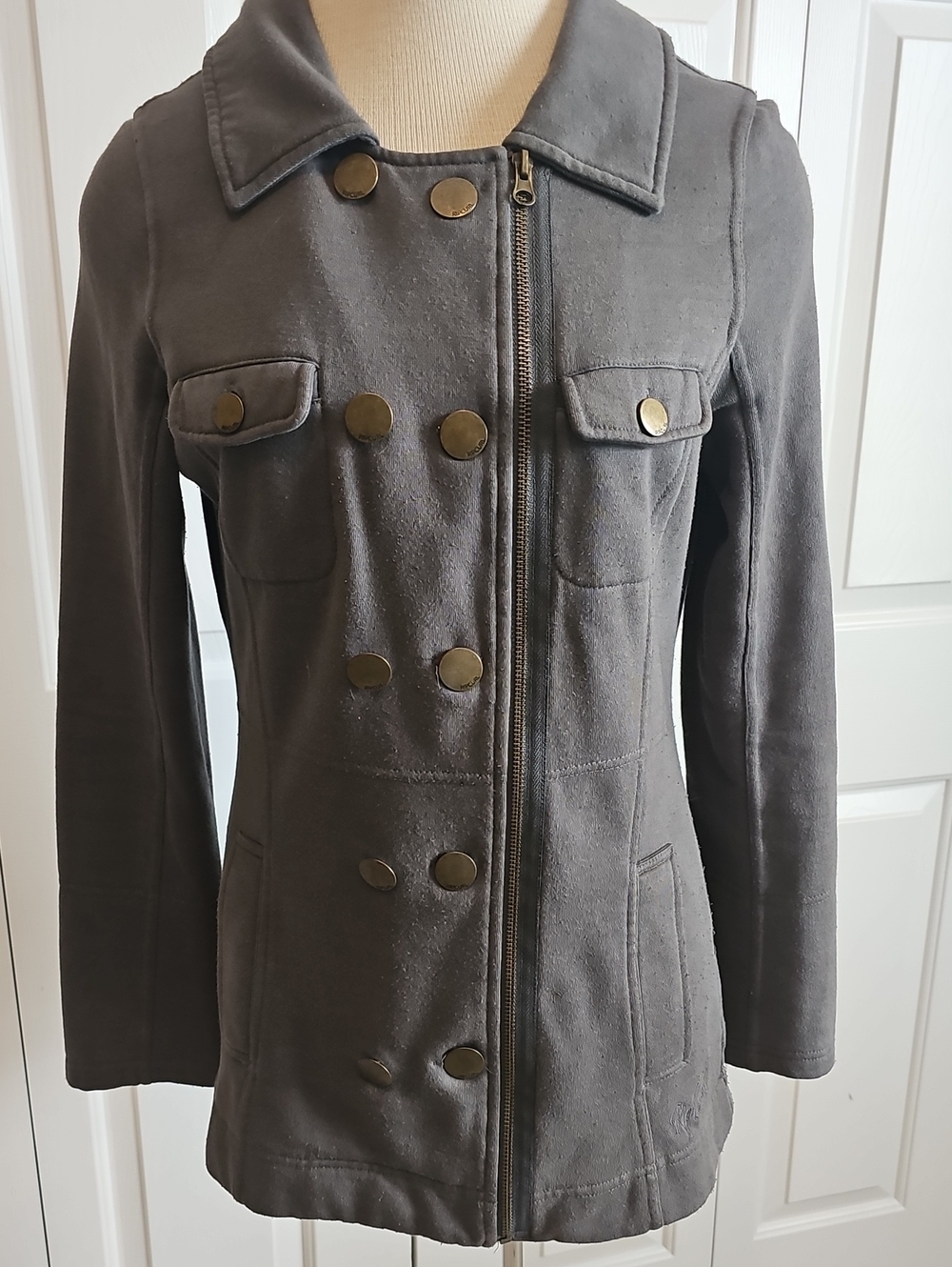 Rip Curl Military Peacoat Jacket Womens Size M Grey Sweatshirt Brass Button Y2K